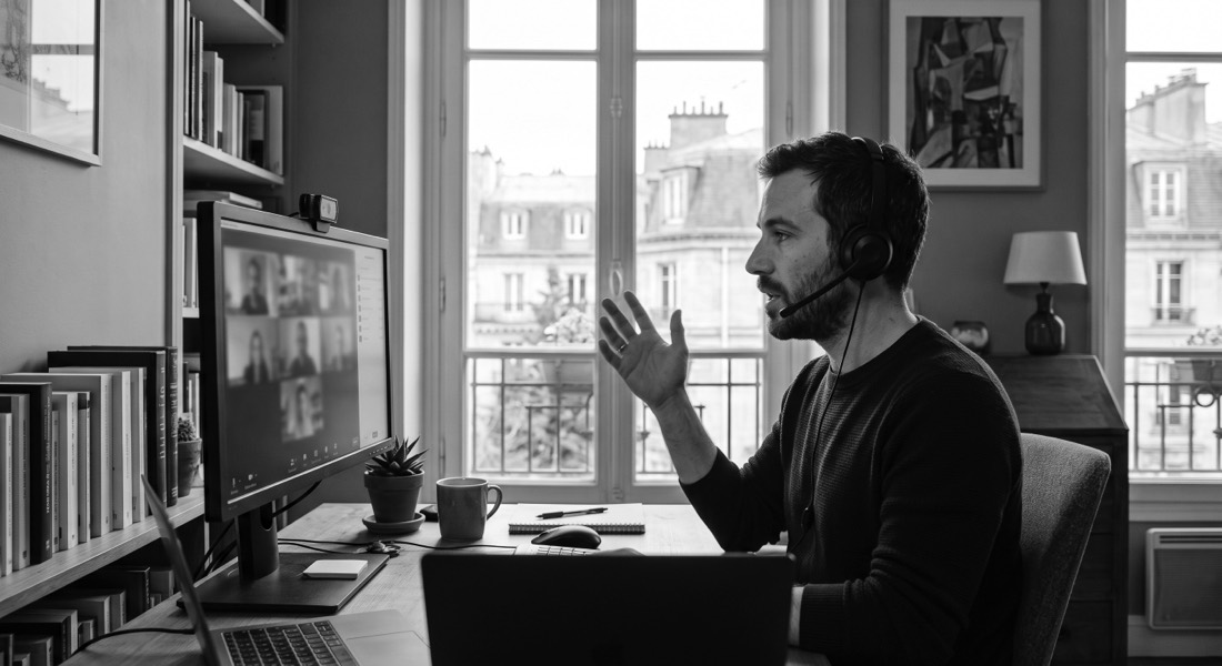 A video call from a home office in Europe