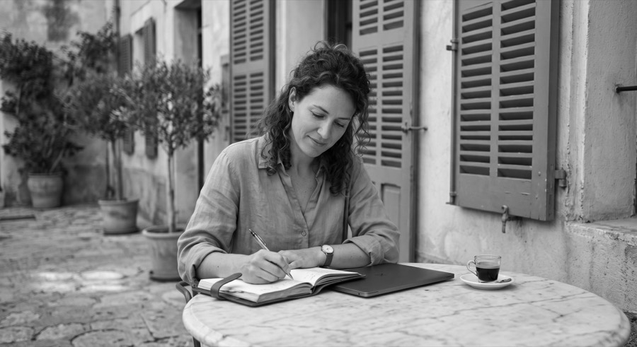 Working from a café table in Europe