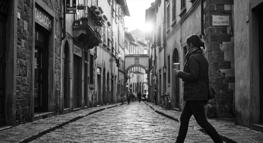 An old-town street in Europe at first light